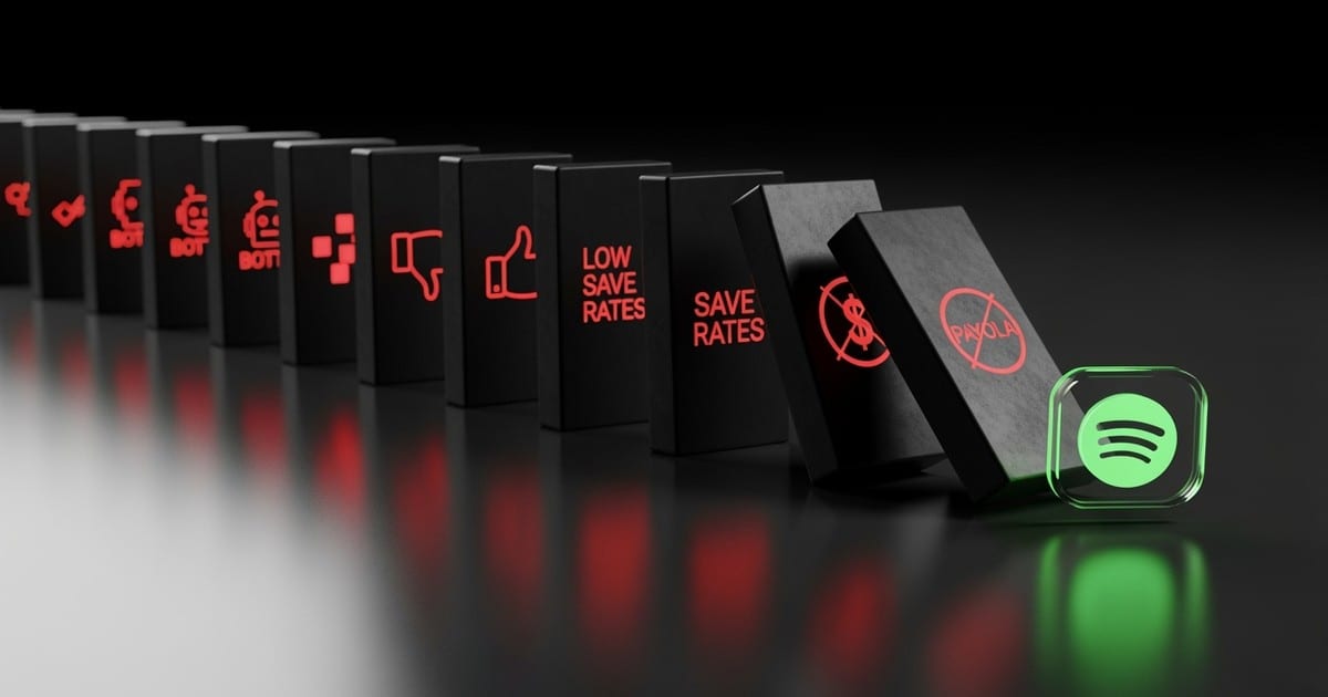 A line of black dominoes with red icons falling toward a glowing green play button, symbolizing Spotify 프로모션 mistakes.