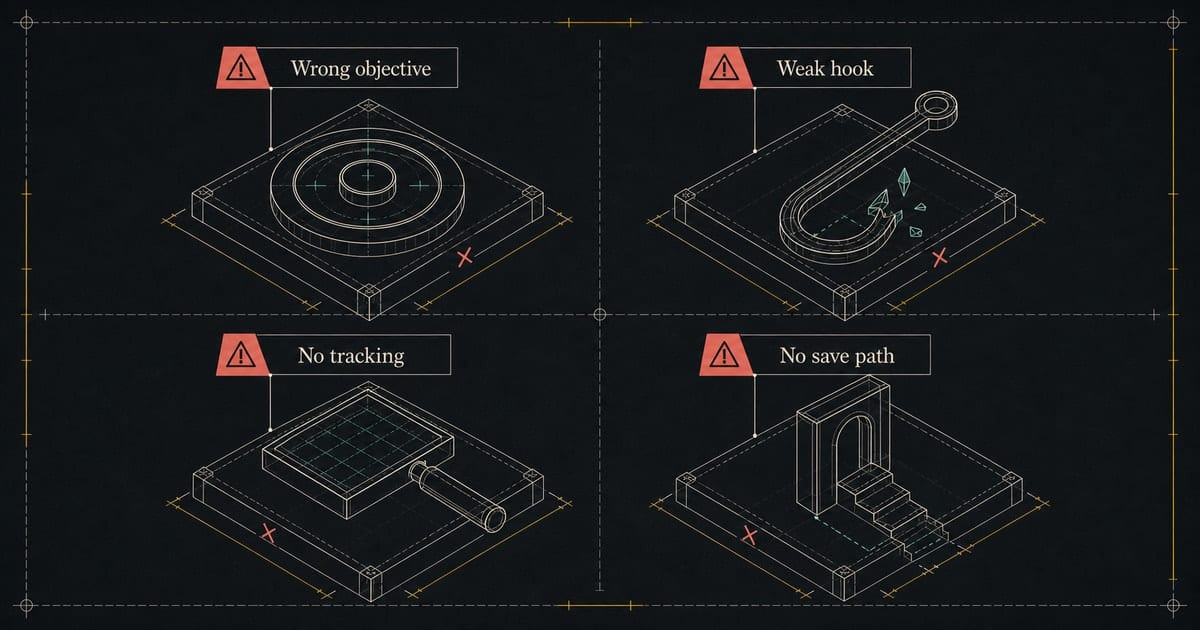 Dark campaign inspection blueprint showing broken Instagram music ad objective, hook, tracking, and save path modules
