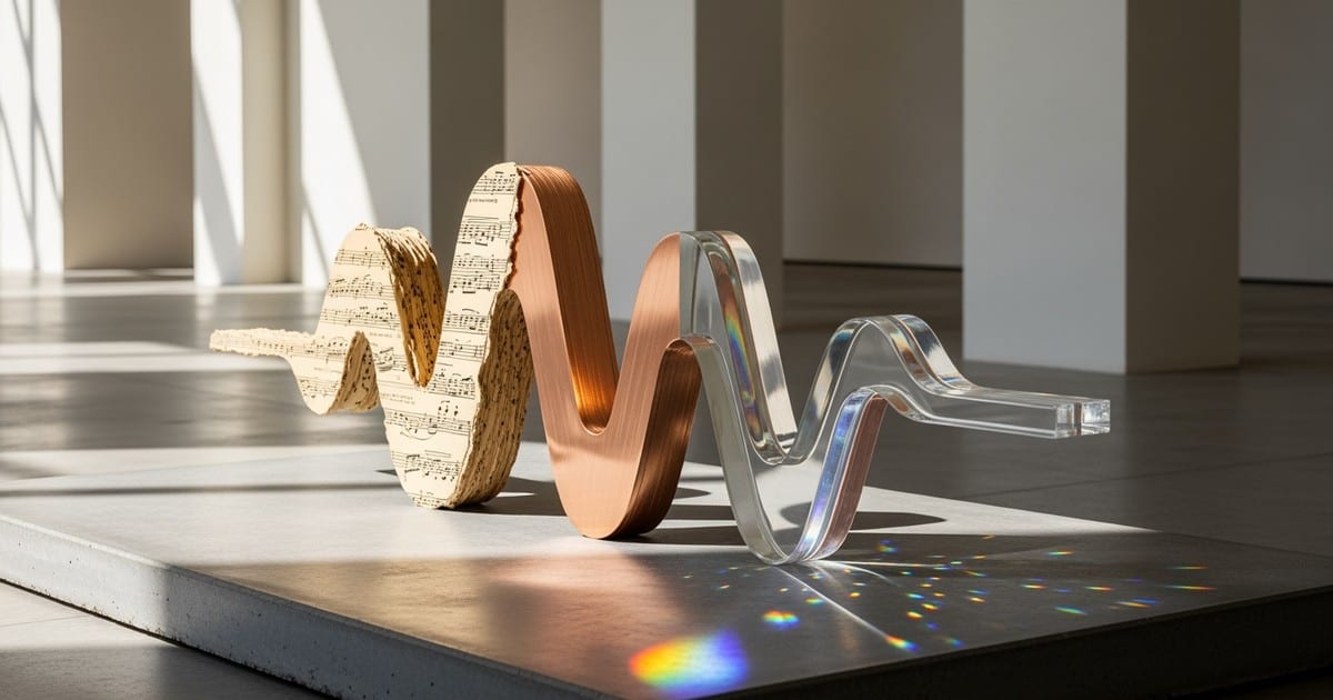A sculptural soundwave resting on concrete, transitioning from vintage paper to polished copper to transparent glass, symbolizing the shift