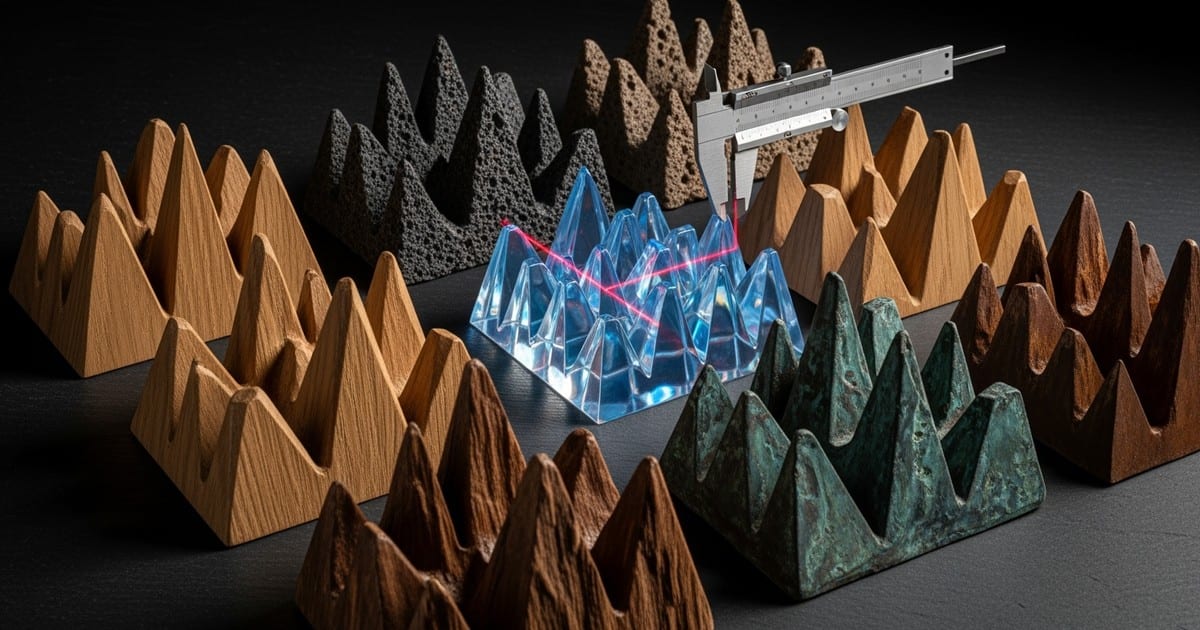 Studio photography of physical audio waveforms lined up on a slate surface; rustic wood and stone waves contrast with one flawless,