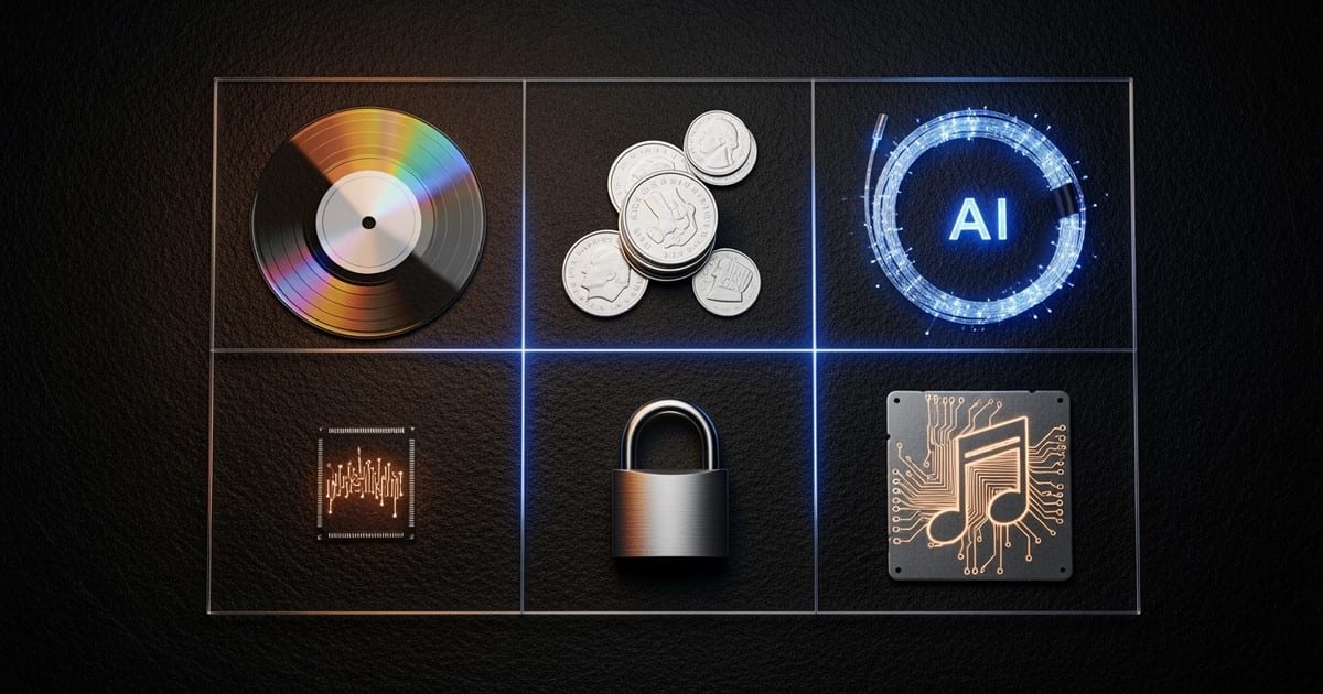 Topo-down editorial photograph of music industry objects like a glass vinyl record, coins, and circuit boards arranged in a neat grid on