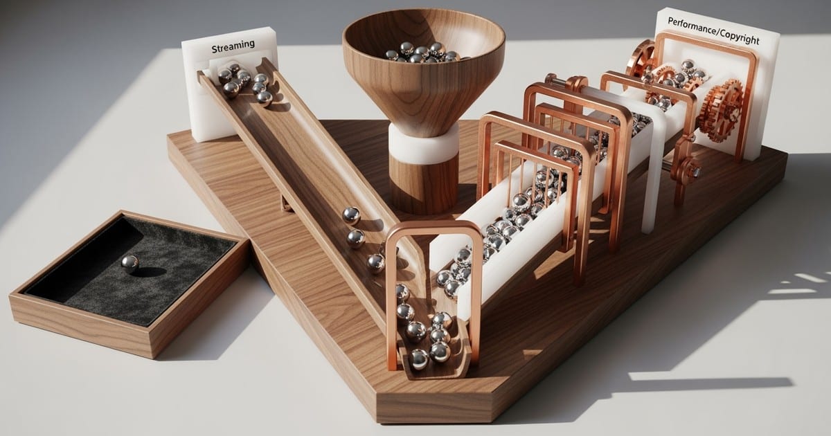 A minimalist kinetic sculpture made of wood and brass, where silver marbles roll smoothly down one ramp while getting stuck in a complex