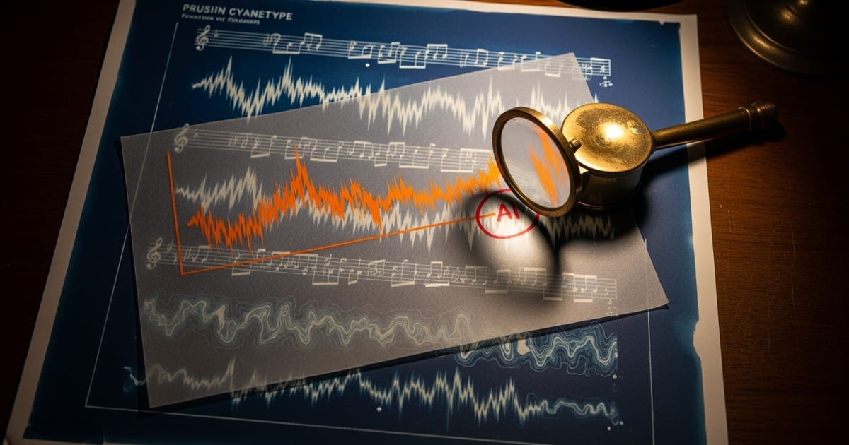 Top-down macro shot of a drafting desk featuring a blue cyanotype of a sound wave overlaid with a translucent sketch, highlighting