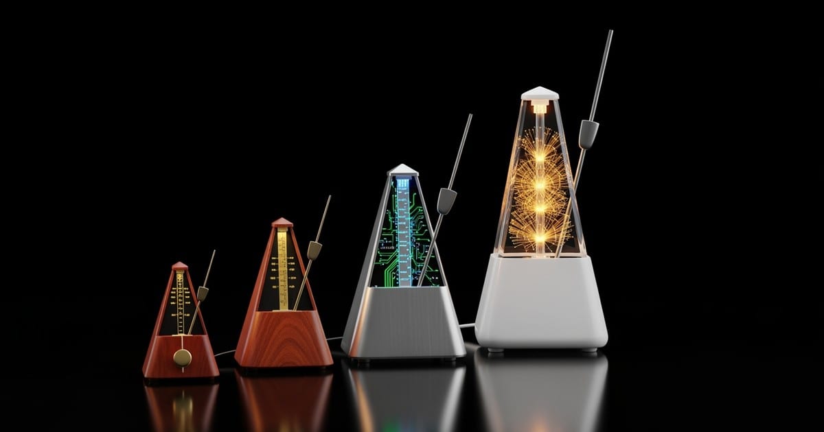 Three metronomes of increasing size stand in a diagonal row; the first is vintage wood, the second is robotic metal, and the third is a