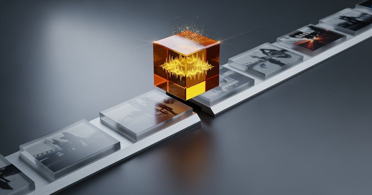 A macro 3D render of a physical video editing timeline made of glass and aluminum, featuring a glowing amber block containing a digital