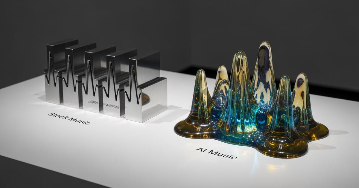 Tilt-shift photograph of a museum-style display comparing a row of identical metal waveform blocks against a single, swirling organic resin