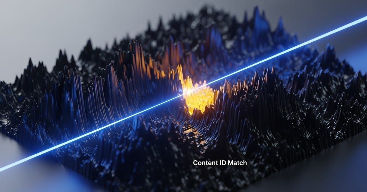 A macro 3D render of an abstract topographic landscape representing audio frequencies, being scanned by a beam of light that turns matched