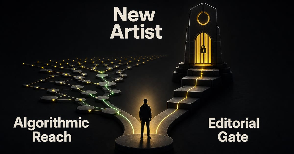 Dark editorial infographic for Apple Music vs Spotify for New Artists [2026]