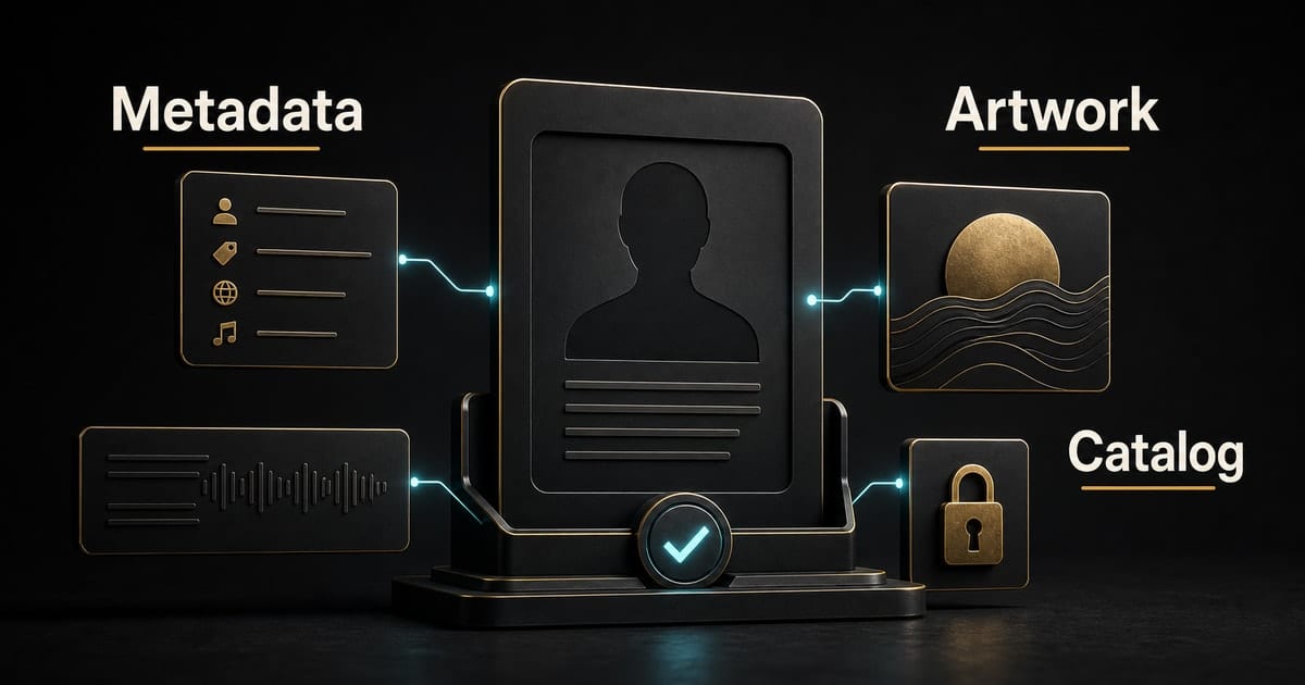 Dark editorial infographic for Apple Music Artist Profile Optimization