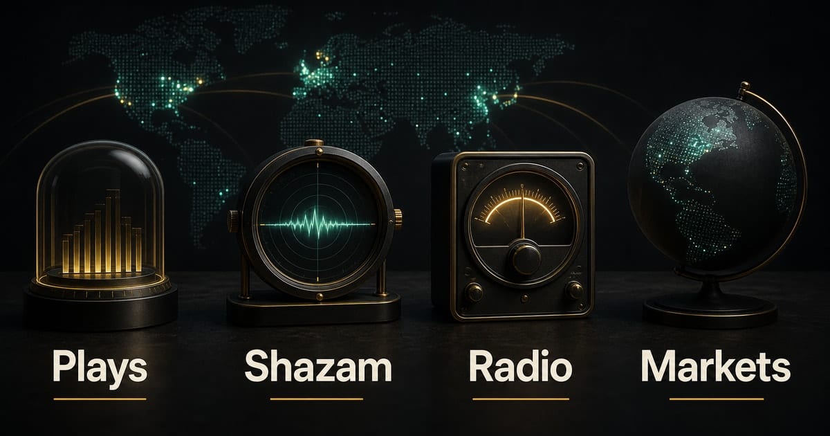 Dark editorial infographic for Apple Music Analytics: Plays, Shazam, Radio Guide