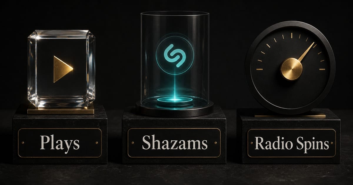 Dark editorial infographic for Apple Music Glossary: Plays, Shazams, Spins