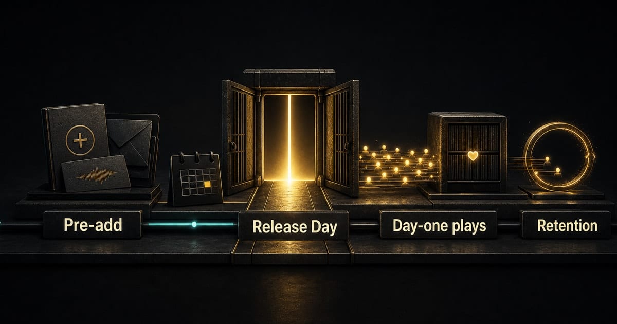 Dark release-day timeline showing an Apple Music pre-add turning into day-one plays and retention