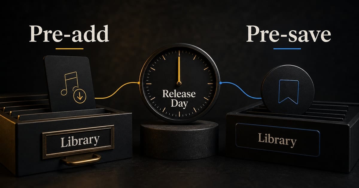 Dark editorial infographic for Apple Pre-Add vs Spotify Pre-Save: Key Differences