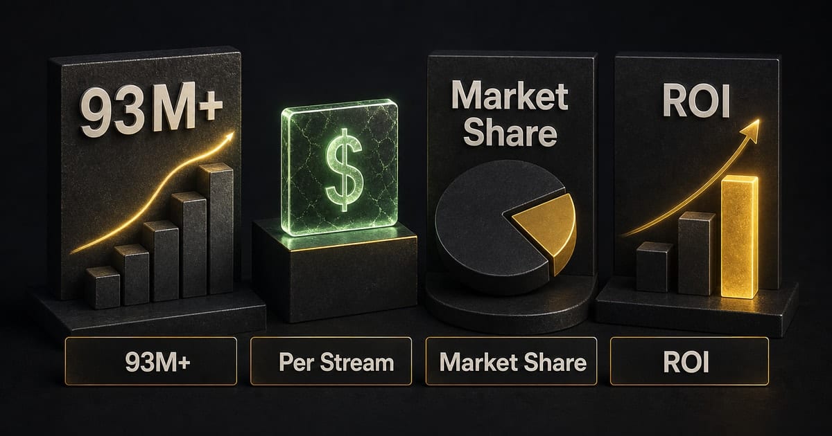 Dark editorial infographic for Apple Music Statistics: 72% More Per Stream [2026]