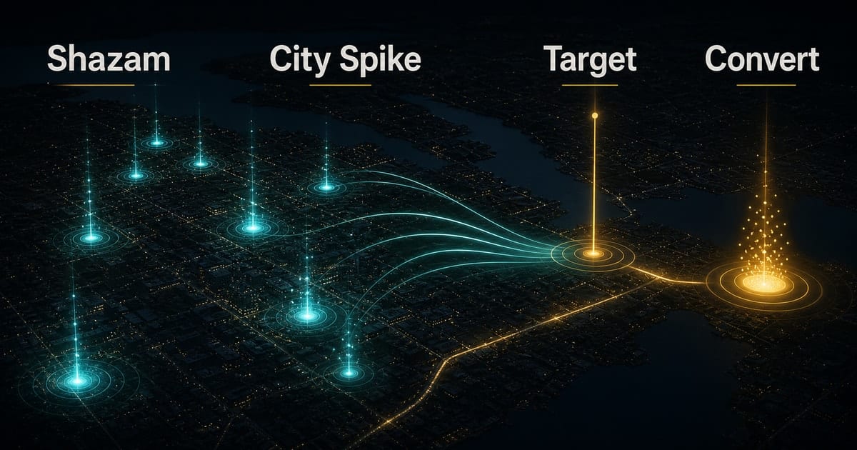 Dark editorial infographic for Apple Music Shazam Data: Find Emerging Markets [2026]