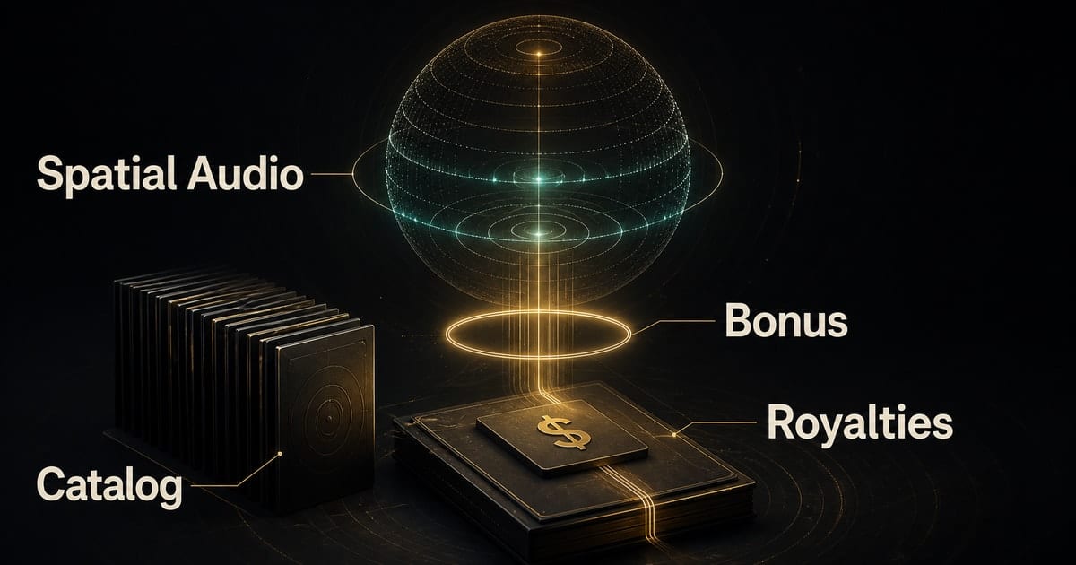 Dark editorial infographic for Apple Music Spatial Audio Royalty Bonus [2026]