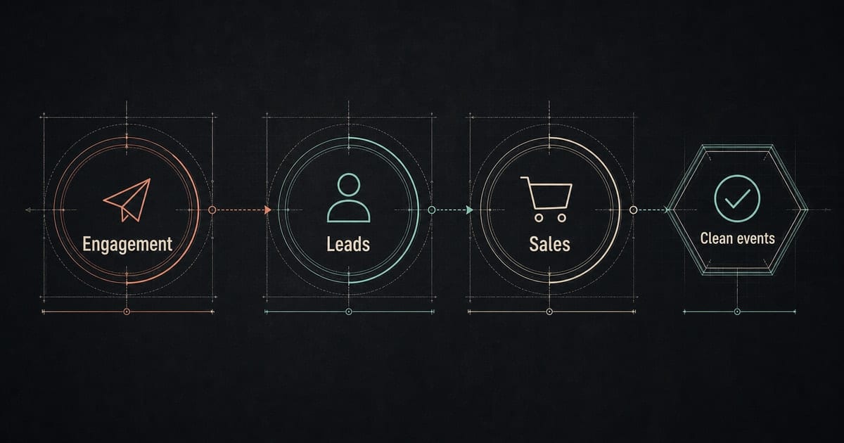 Dark Meta objective selector showing discovery, leads, and sales paths for music ads
