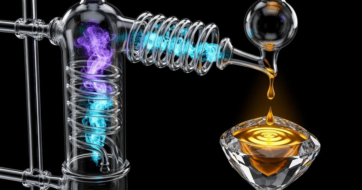 A macro photograph of a laboratory glass distillation apparatus transforming violet vapor into liquid gold drops, collecting in a