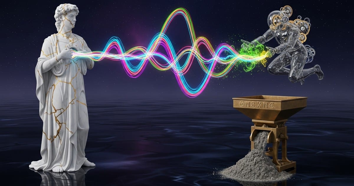 Surrealist illustration of a glass figure weaving threads of light that turn to gray dust when touching a golden scale.