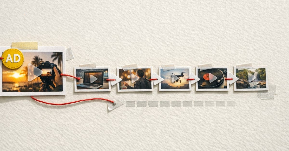 Editorial playlist sequence collage with connected thumbnail cards and an ad token for a guide to promoting YouTube playlists with ads.
