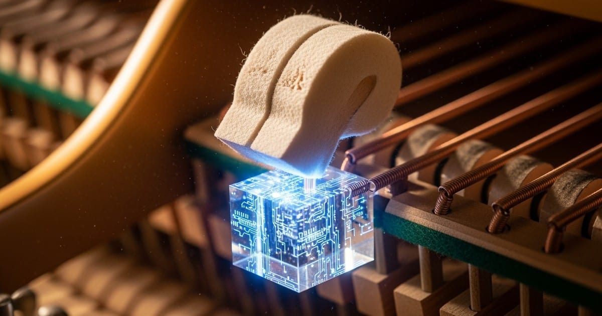A close-up macro shot of a piano hammer striking a string; the hammer is half traditional wool felt and half glowing digital circuitry.