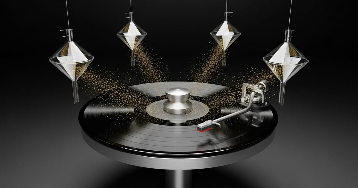 A spinning vinyl record in a kinetic sculpture flings gold dust into surrounding glass funnels, symbolizing revenue being diverted away