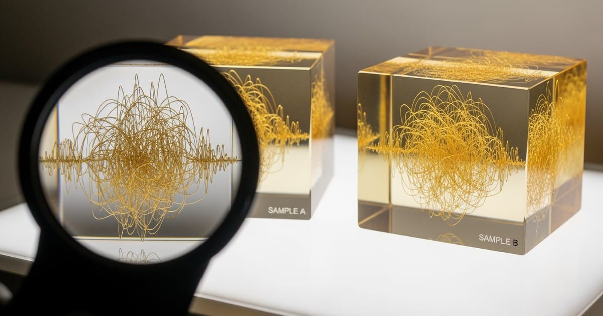 Two identical translucent amber resin cubes containing suspended gold wire waveforms sit on a clinical light table, viewed through a