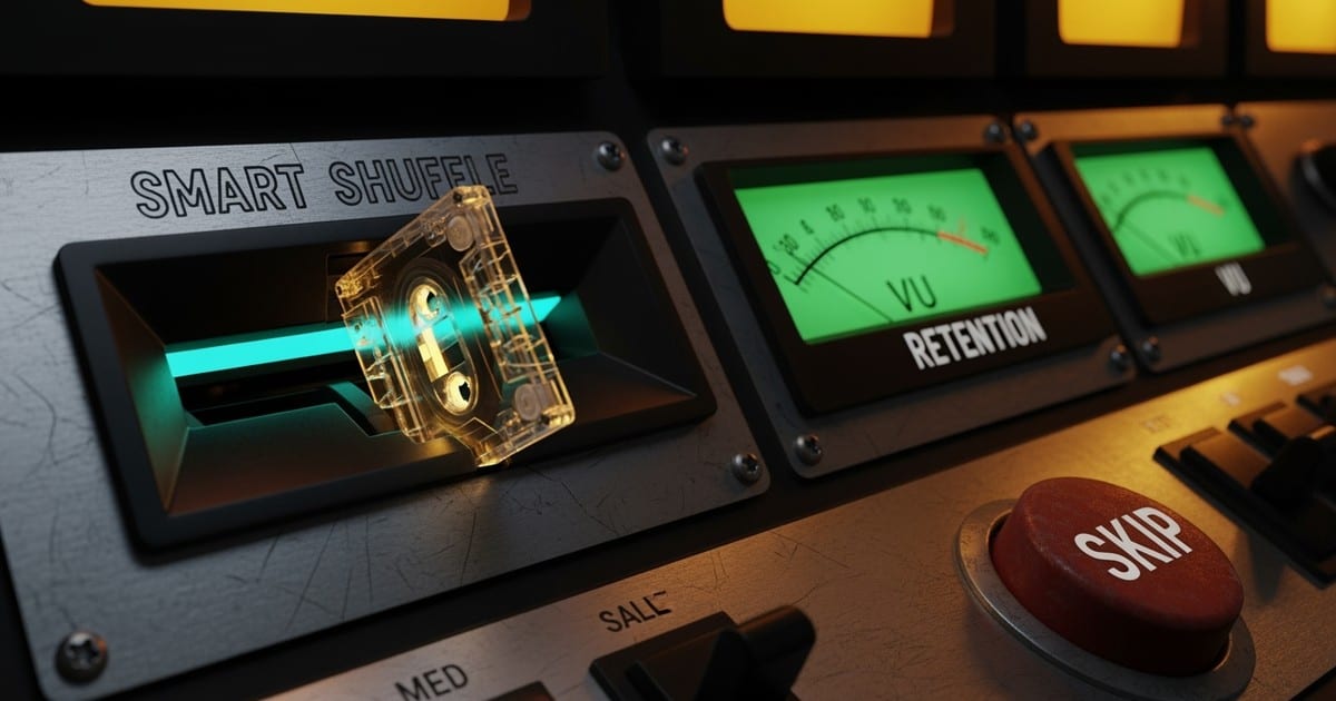 A retro-futuristic machine labeled Smart Shuffle processes a glowing cassette tape while analog gauges measure listener retention levels.