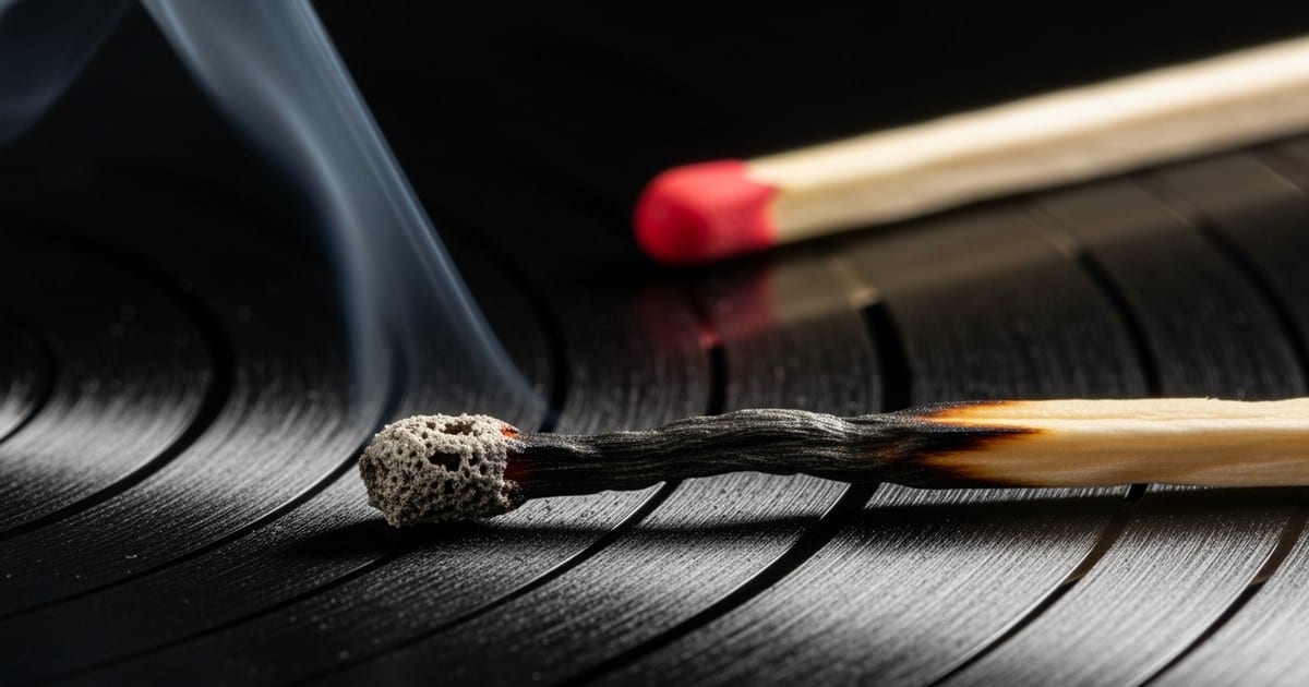 Macro photo of a burnt matchstick on a vinyl record next to a fresh red match, symbolizing the single-use nature of Spotify song pitches.