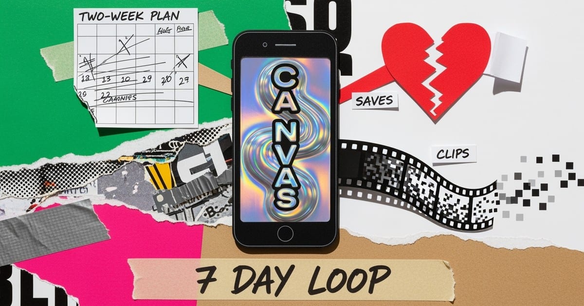 Mixed media collage showing a paper-cutout smartphone with a neon loop, a heart icon, and a calendar timeline marked Day 7.