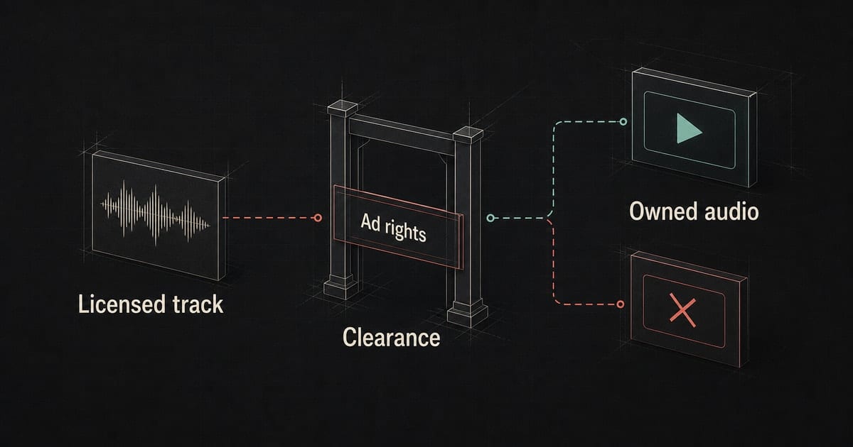 Dark rights diagram showing licensed catalog music blocked from most Instagram ad usage