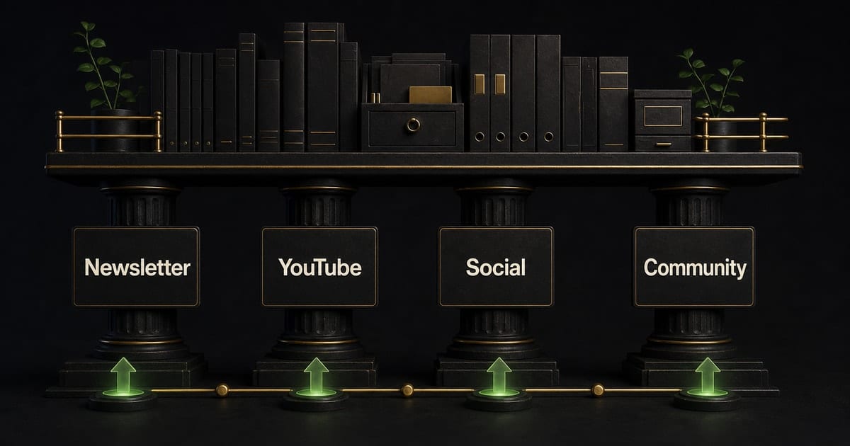 Dark editorial strategy-room illustration for Content Marketing for Musicians: Build Without Ads [2026]