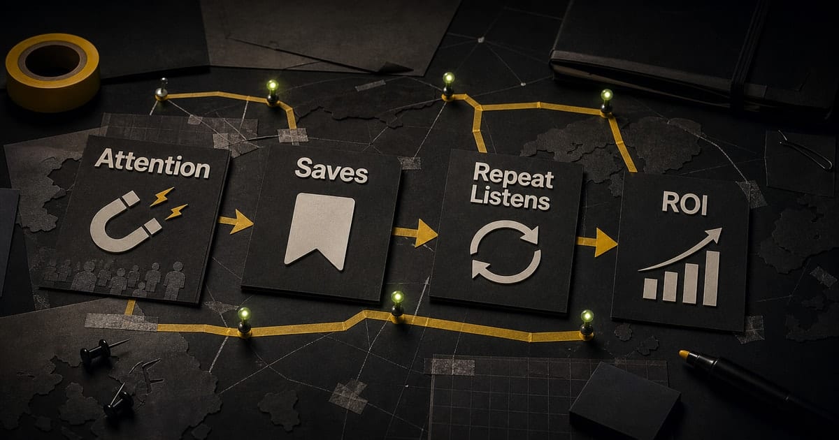 Dark editorial strategy-room illustration for Music Marketing: Cross-Platform ROI [2026]