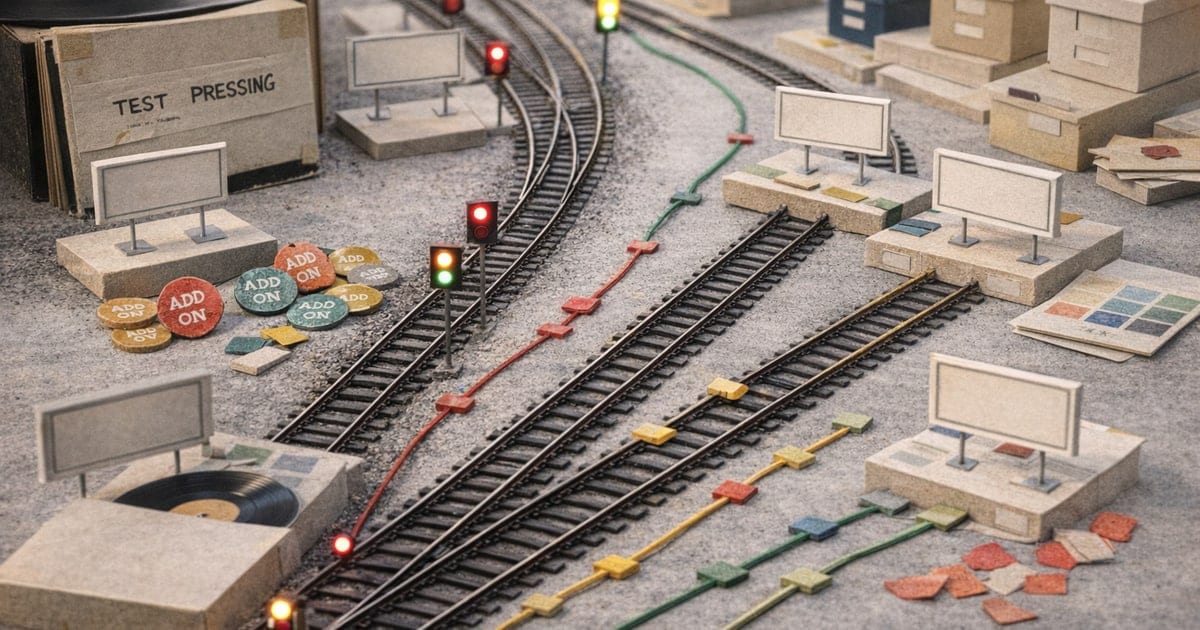 Miniature transit route model with record-sleeve buildings, rails, route lights, and alternate distributor paths for a DistroKid alternatives article.