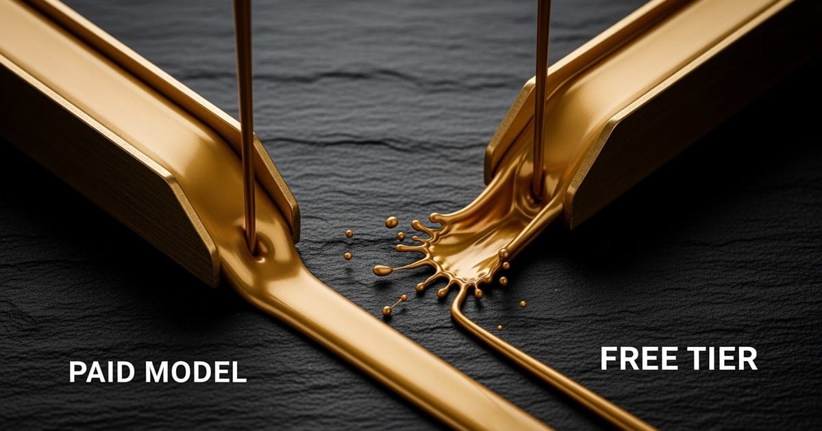Macro high-speed photograph of two streams of liquid gold; one flows solid and contained, the other leaks a distinct 15% stream through a