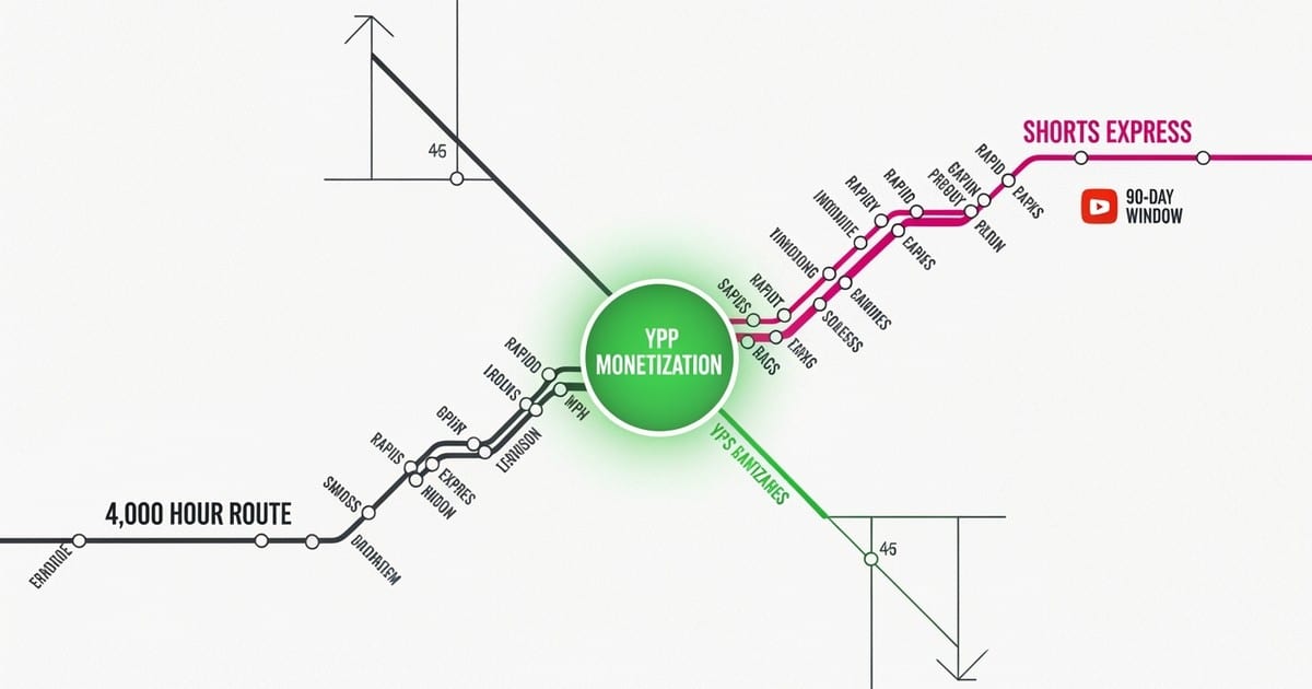 A minimalist infographic subway map showing two separate lines, '4,000 Hour Route' and 'Shorts Express,' both leading to a ce