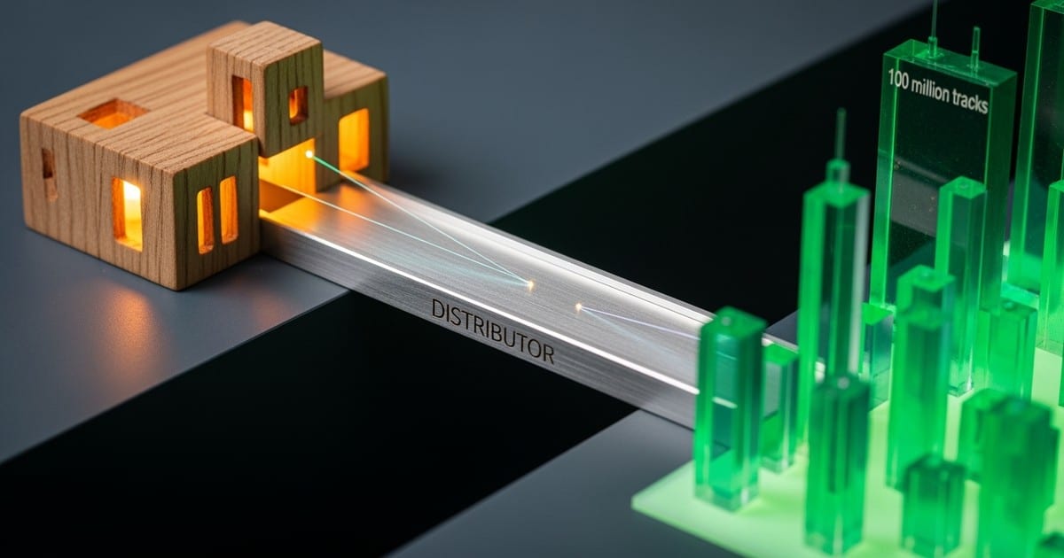 Macro photo of a conceptual architectural model where a metal bridge labeled DISTRIBUTOR connects a small wooden house to a glowing green