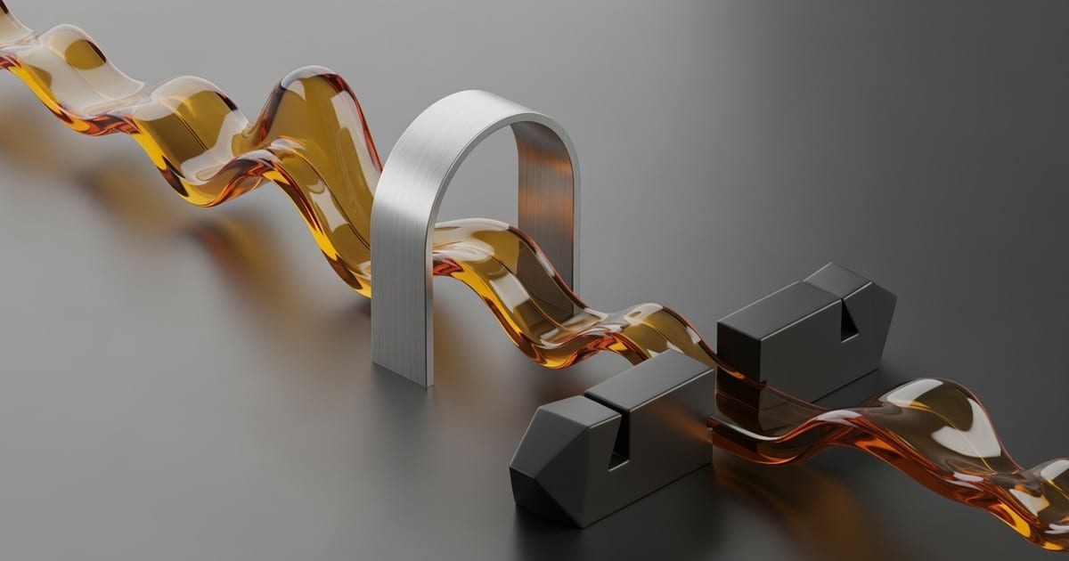 A 3D abstract sculpture of an amber glass sound wave flowing through a gate, where side branches are blocked by rigid barriers.