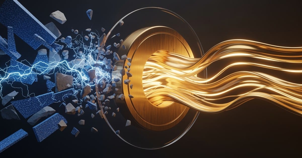 Abstract 3D art showing a stream of liquid gold music flowing through a brass ring while jagged static shards are repelled by a barrier.