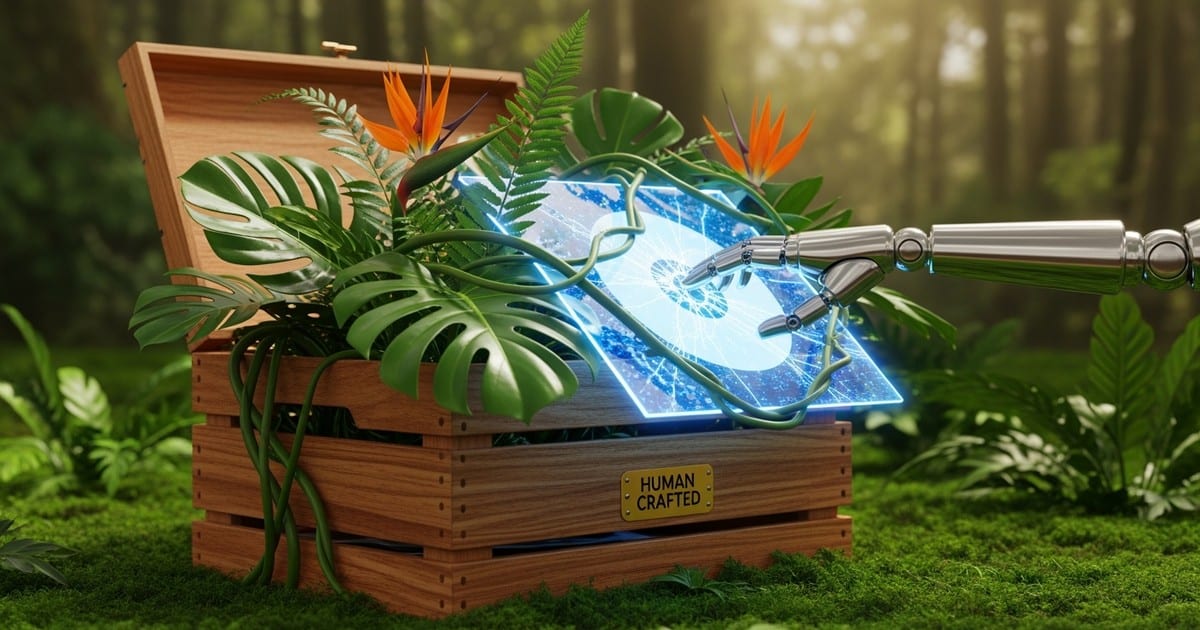 A surreal 3D illustration of a wooden record crate in a lush jungle, where living vines form a barrier to block a robotic hand from
