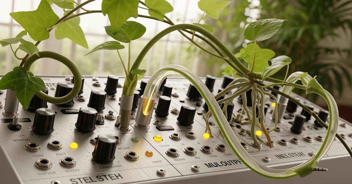 A macro photograph of a modular synthesizer where living vines replace patch cables, connecting silver inputs with organic green stems.