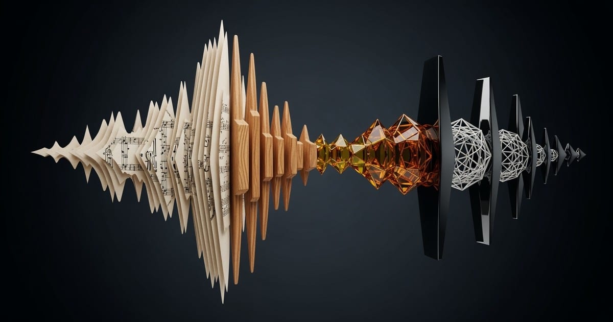A close-up studio shot of a sculptural sound wave that transitions seamlessly from layers of vintage sheet music and wood into polished