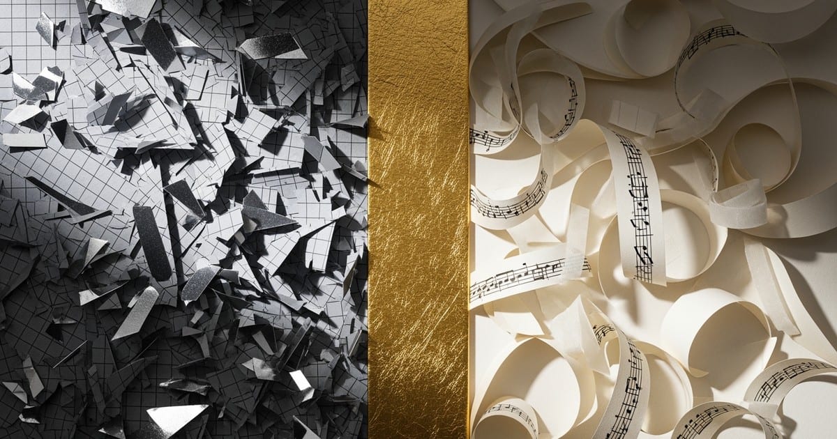 A dimensional paper-art illustration where a gold barrier separates chaotic, jagged grey pixels from flowing, organic ribbons of sheet