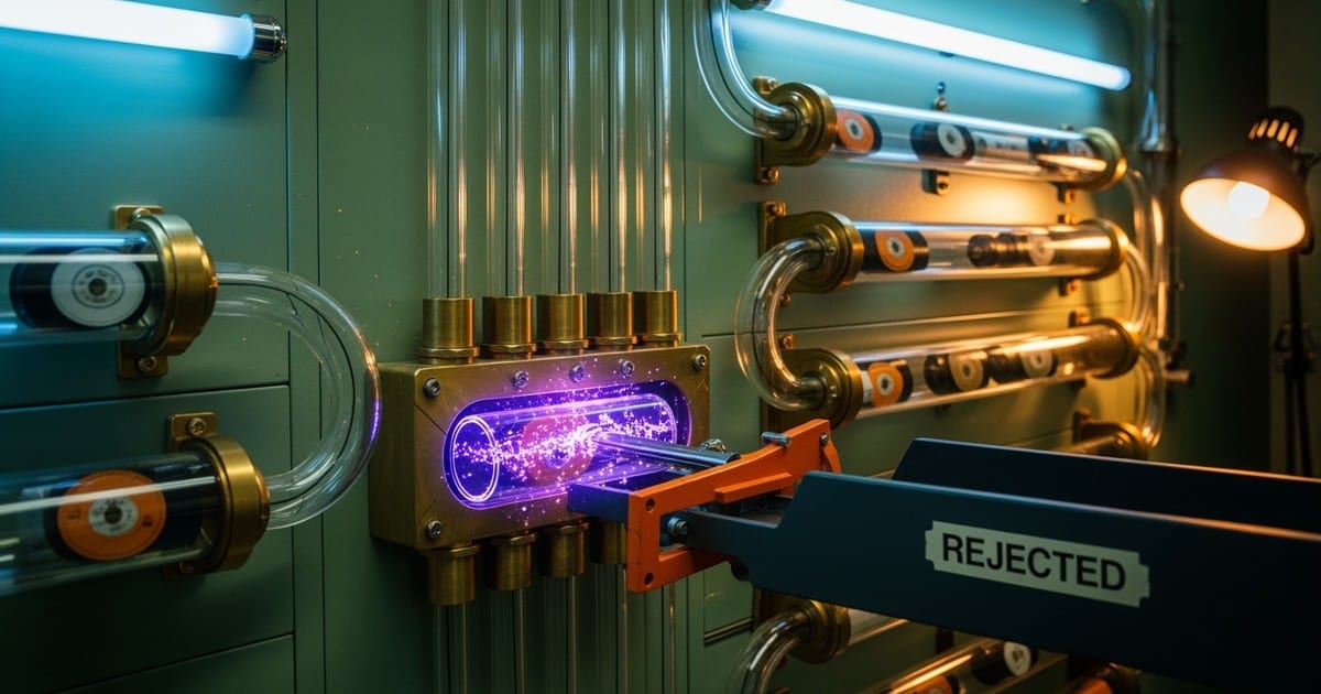A cinematic shot of a retro-futuristic pneumatic tube system sorting audio reels, where a glowing glitch-filled canister is being diverted