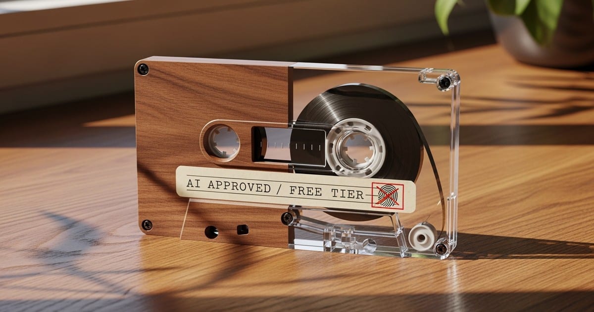 A close-up conceptual photo of a hybrid cassette tape, half wood and half transparent glass, resting on a sunlit studio desk.