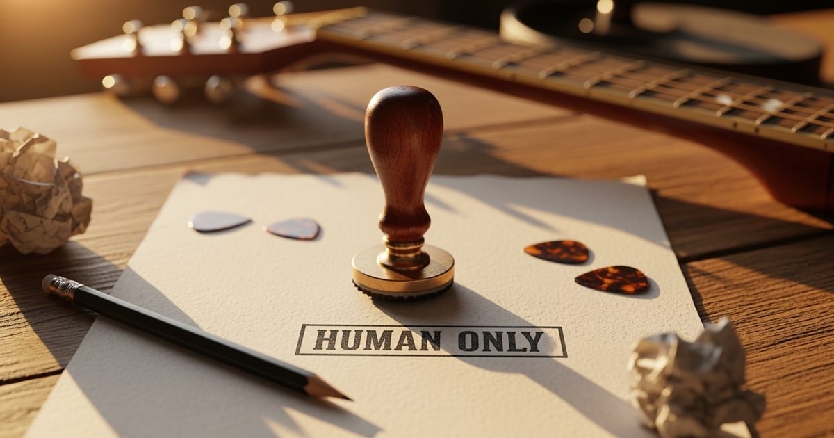 Close-up of a vintage rubber stamp resting on sheet music, leaving an ink impression that reads 'HUMAN ONLY' on a wooden songwriter's desk.