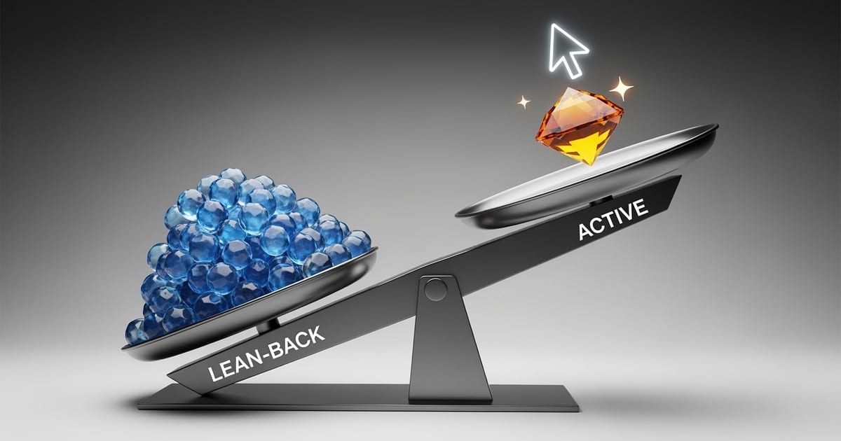 A 3D balance scale heavily tilted by many small pebbles (Lean-Back streams) versus a single glowing crystal (활성 stream).
