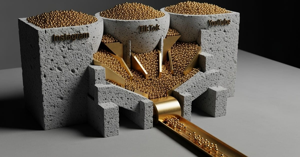 A brutalist architectural model made of concrete and brass, featuring a gravity-fed machine where thousands of tiny gold spheres filter