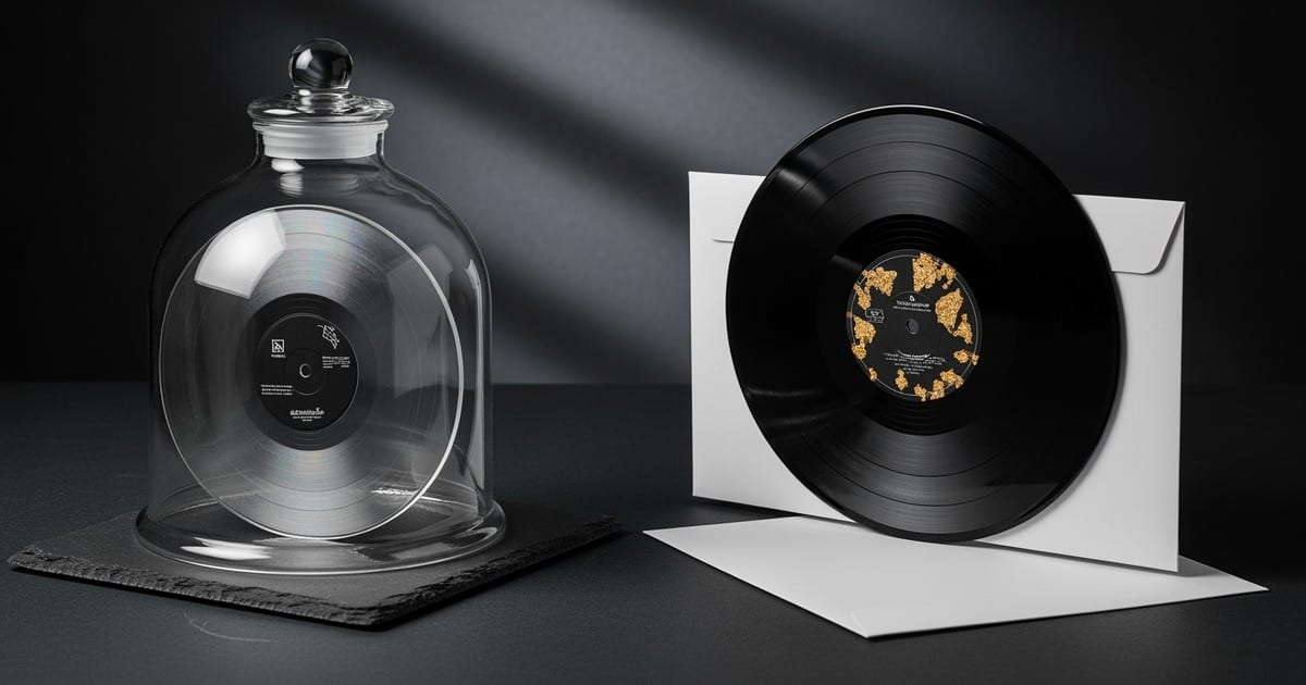 High-end studio photo of two vinyl records: one trapped under a sealed glass bell jar, the other sliding freely into a shipping sleeve.