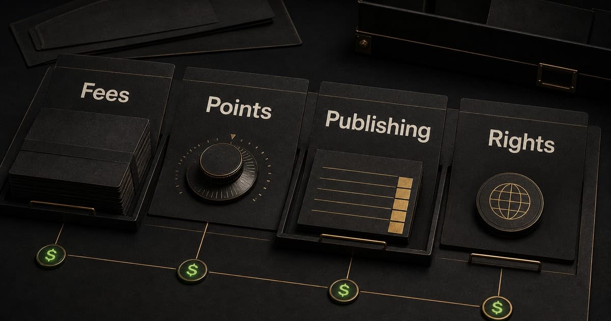 Dark editorial strategy-room illustration for Music Producer Earnings: Fees, Points, Verlagswesen [2026]